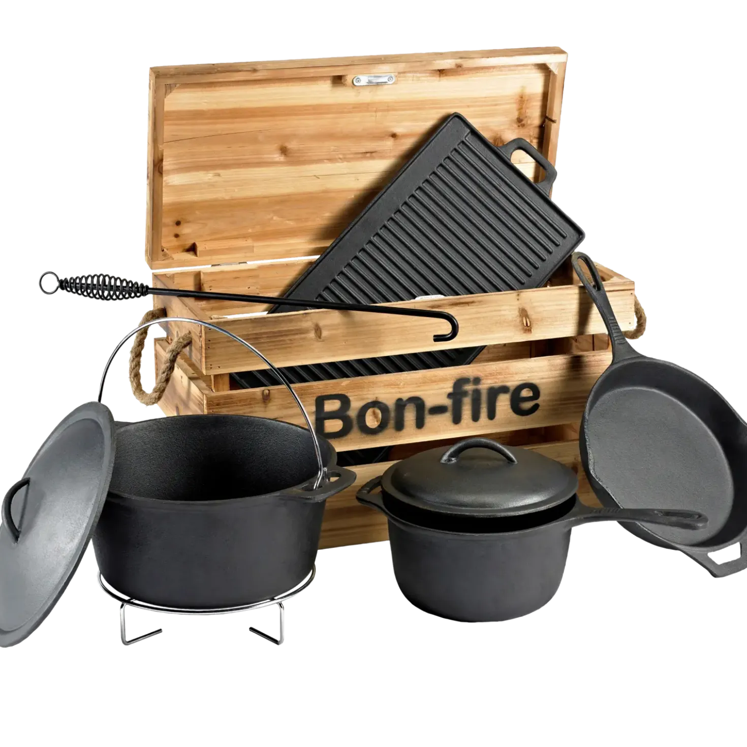Bon-fire støbejernssæt i trækasse