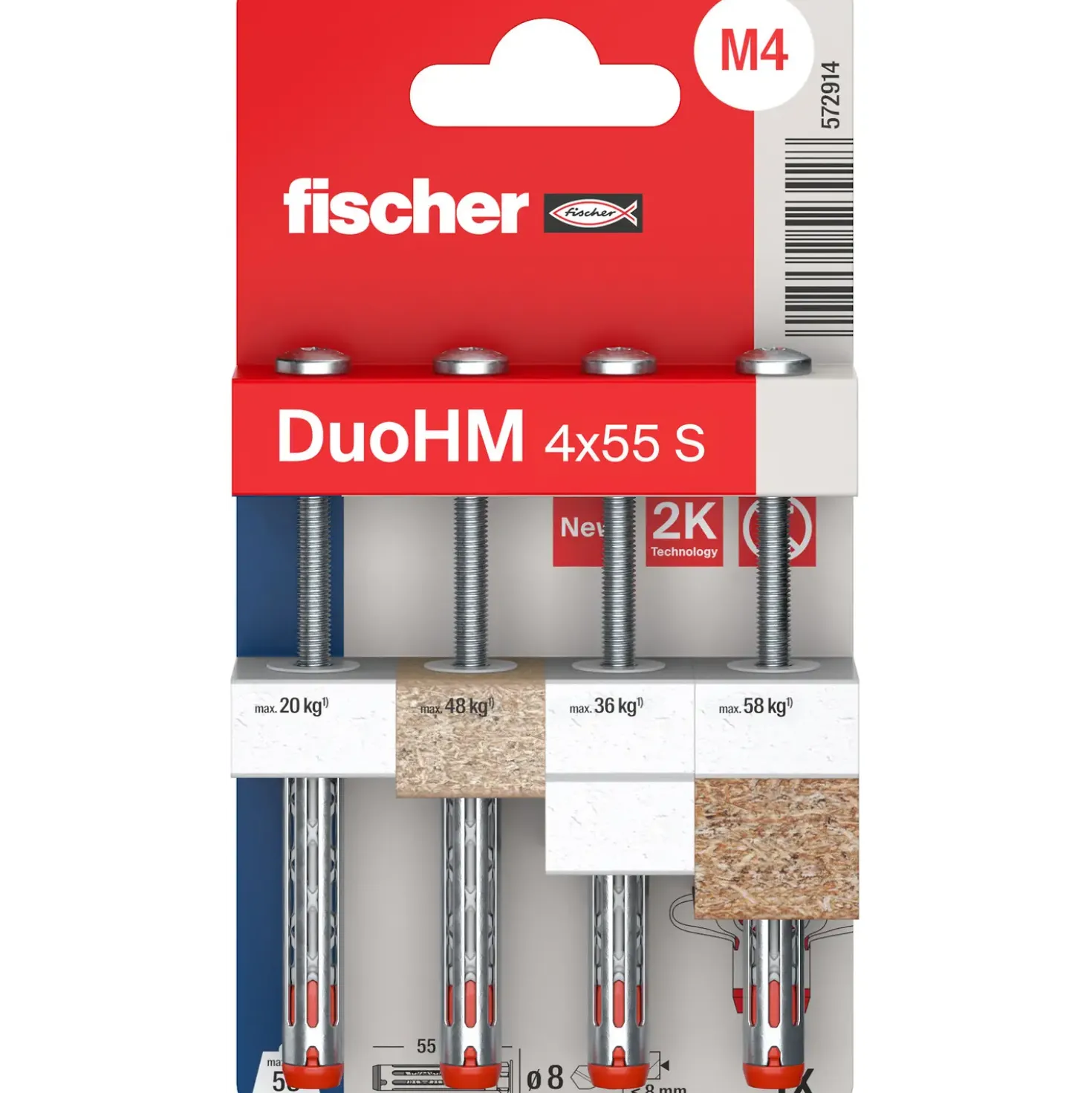 fischer DuoHM hulrumsplug 4x55 S PH TX20 K, panhoved 4 stk.