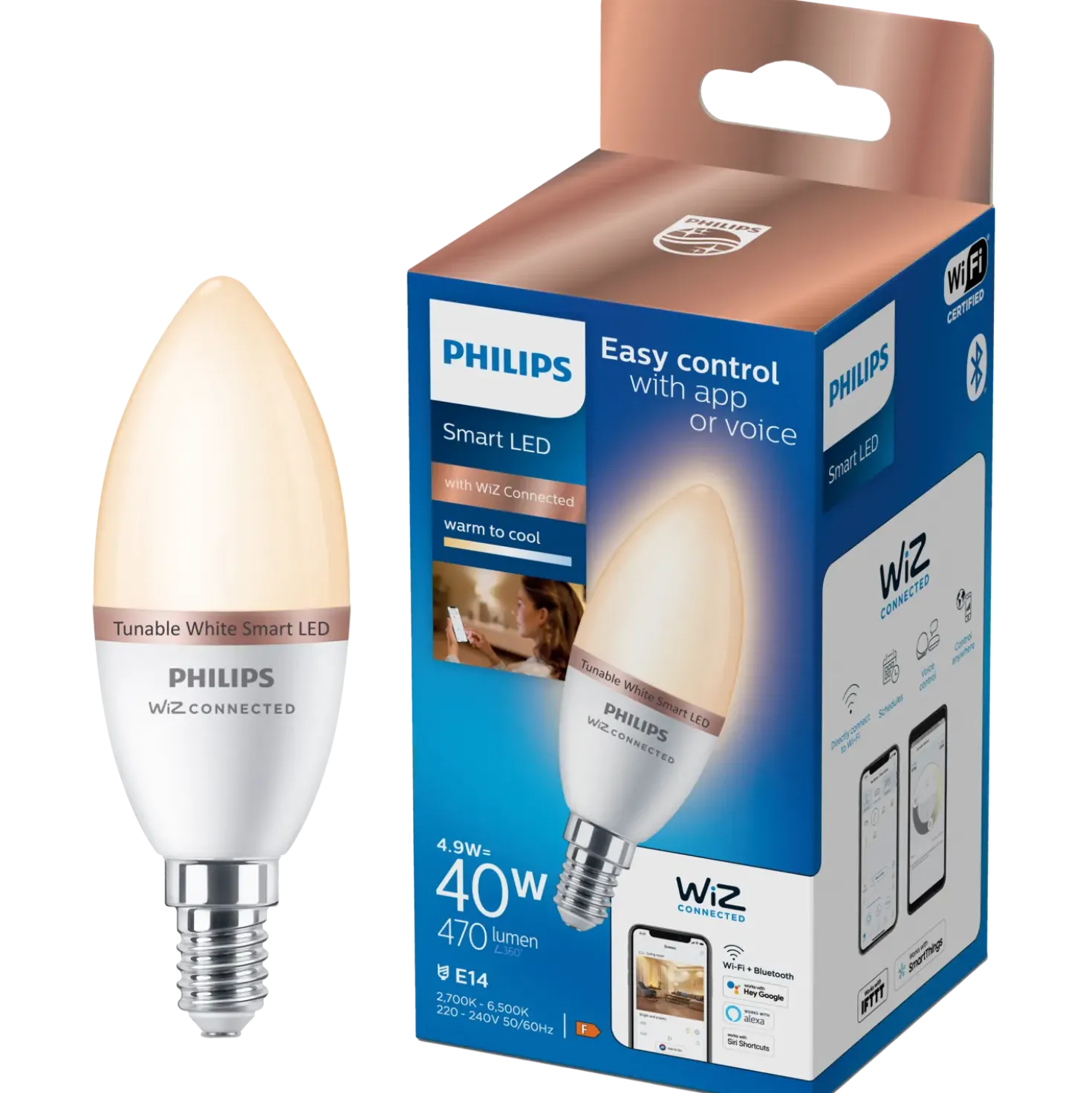 Philips Smart WiZ white LED pære E14 4,6W kerte mat