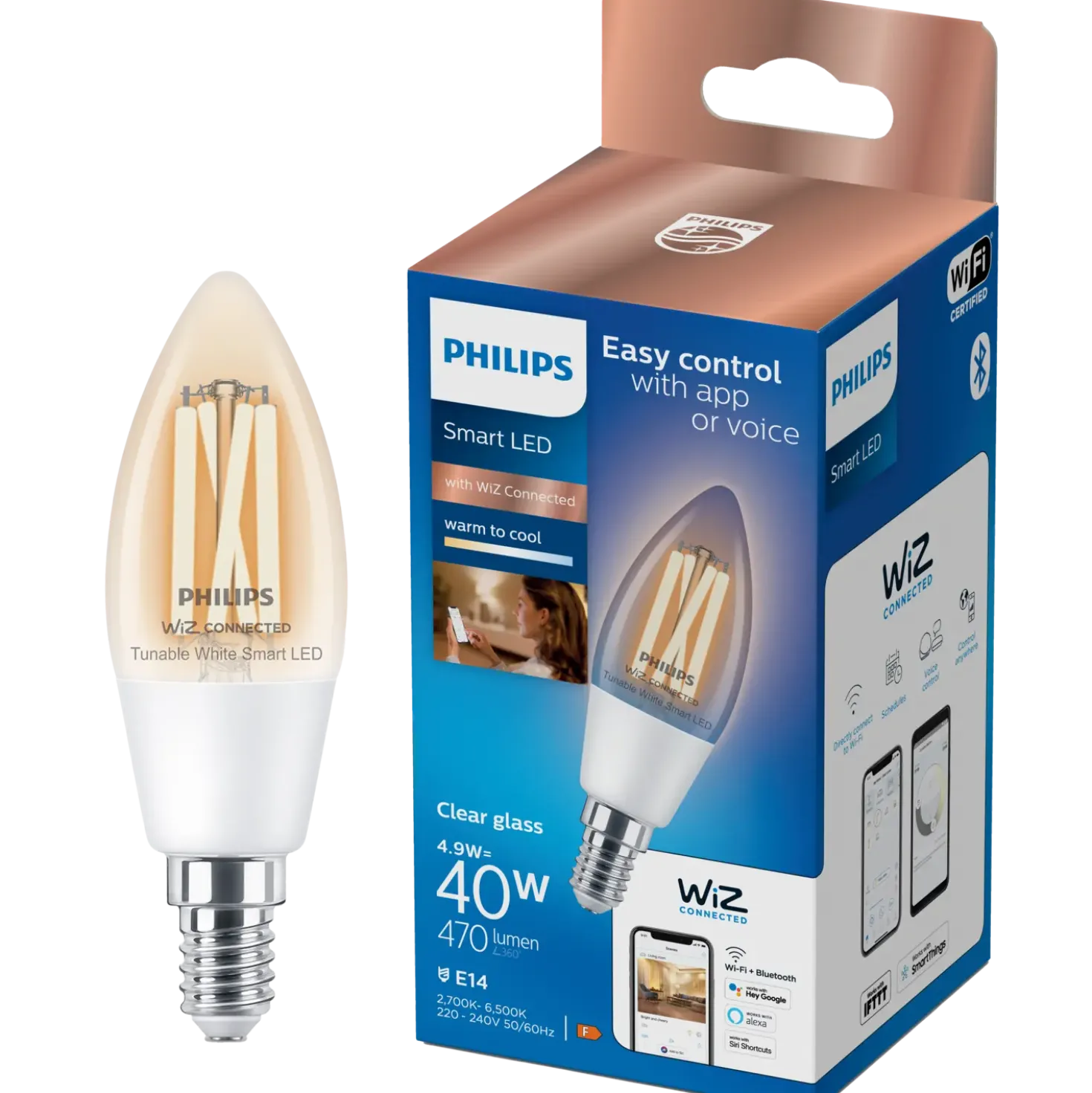 Philips Smart WiZ white LED pære E14 4,9W kerte klar