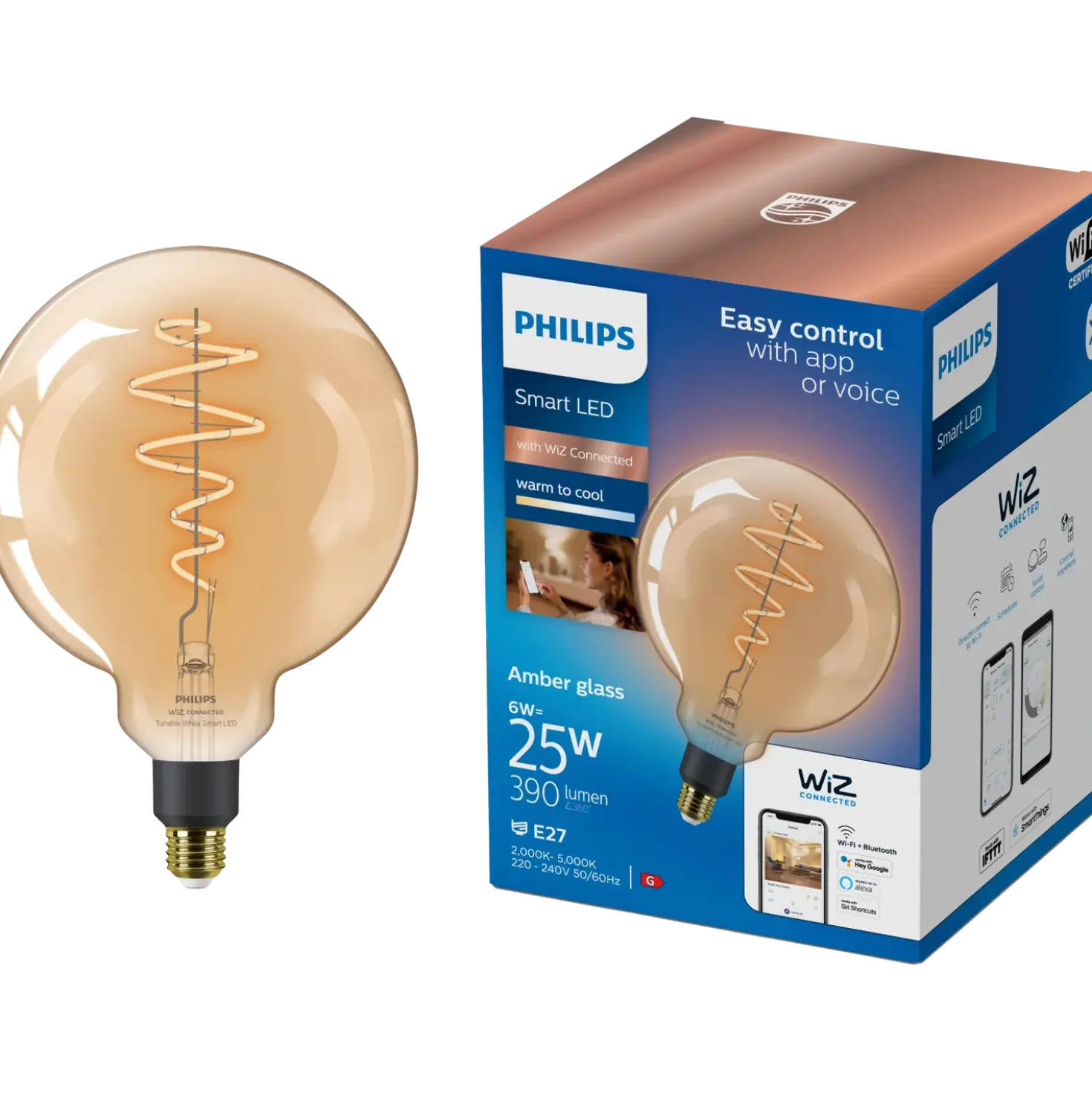 Philips Smart WiZ white LED pære E27 6,7W mega globe guld