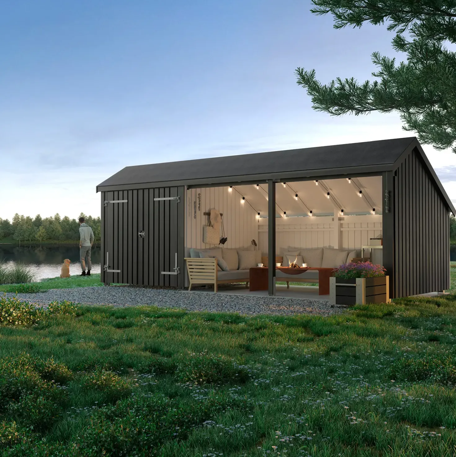 Plus Multi havehus 15,5 m² 3 moduler med dobbeltdør og åbent front