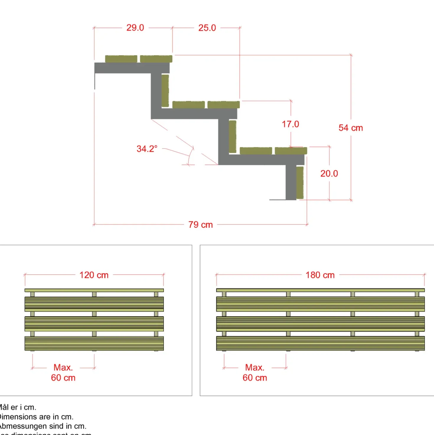 Plus Terrassetrappe 3 trin 54x79 cm 34,2° 180 cm
