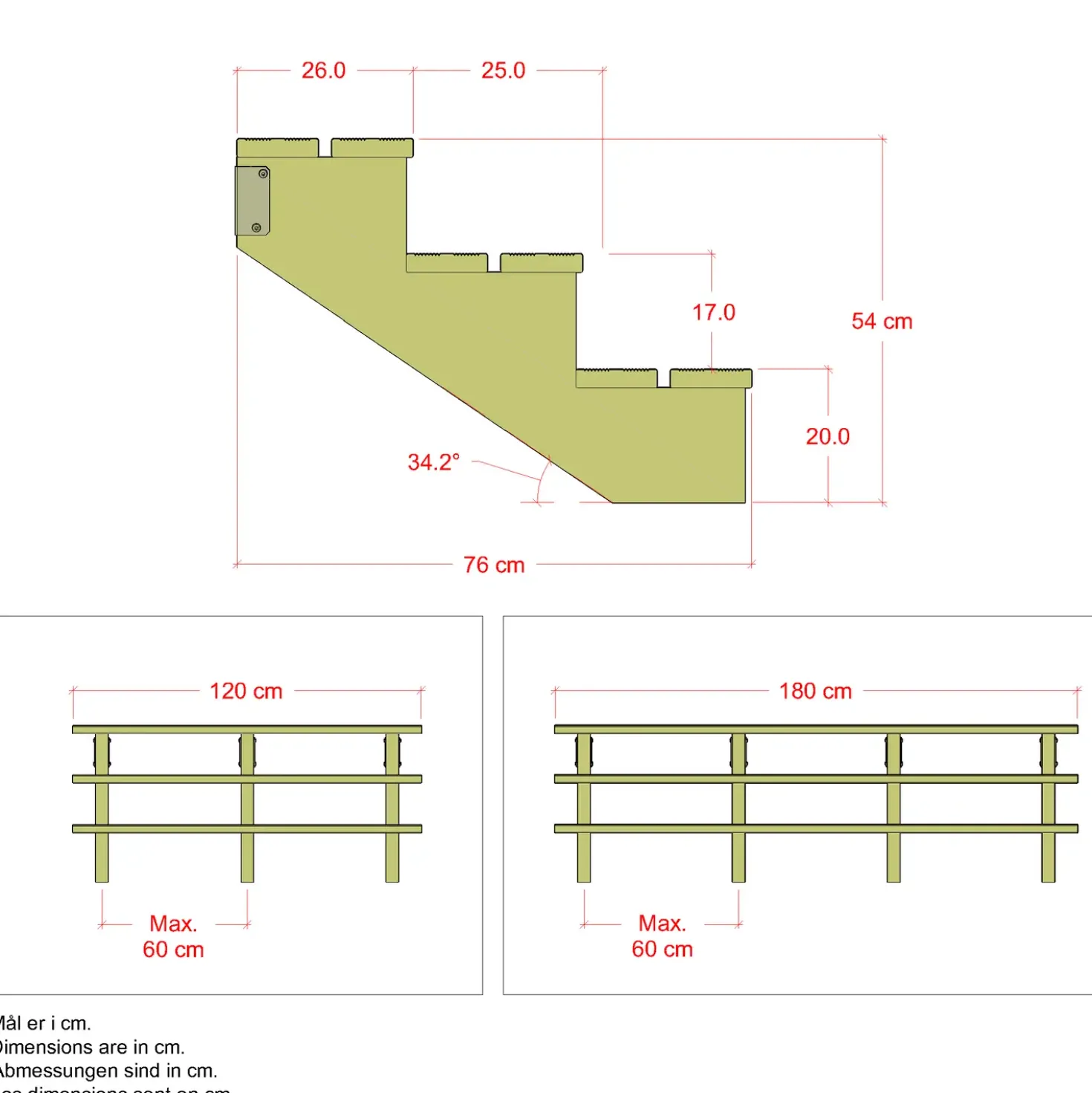 Plus Terrassetrappe 3 trin 54x76 cm 34,2° 180 cm