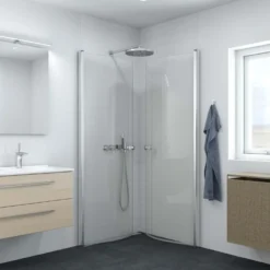 Scanbad brusedør E - halvrund klart satin/klart glas, model 100