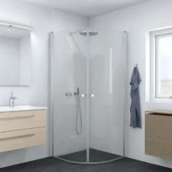 Scanbad brusedør E - halvrund klart satin/klart glas, model 100