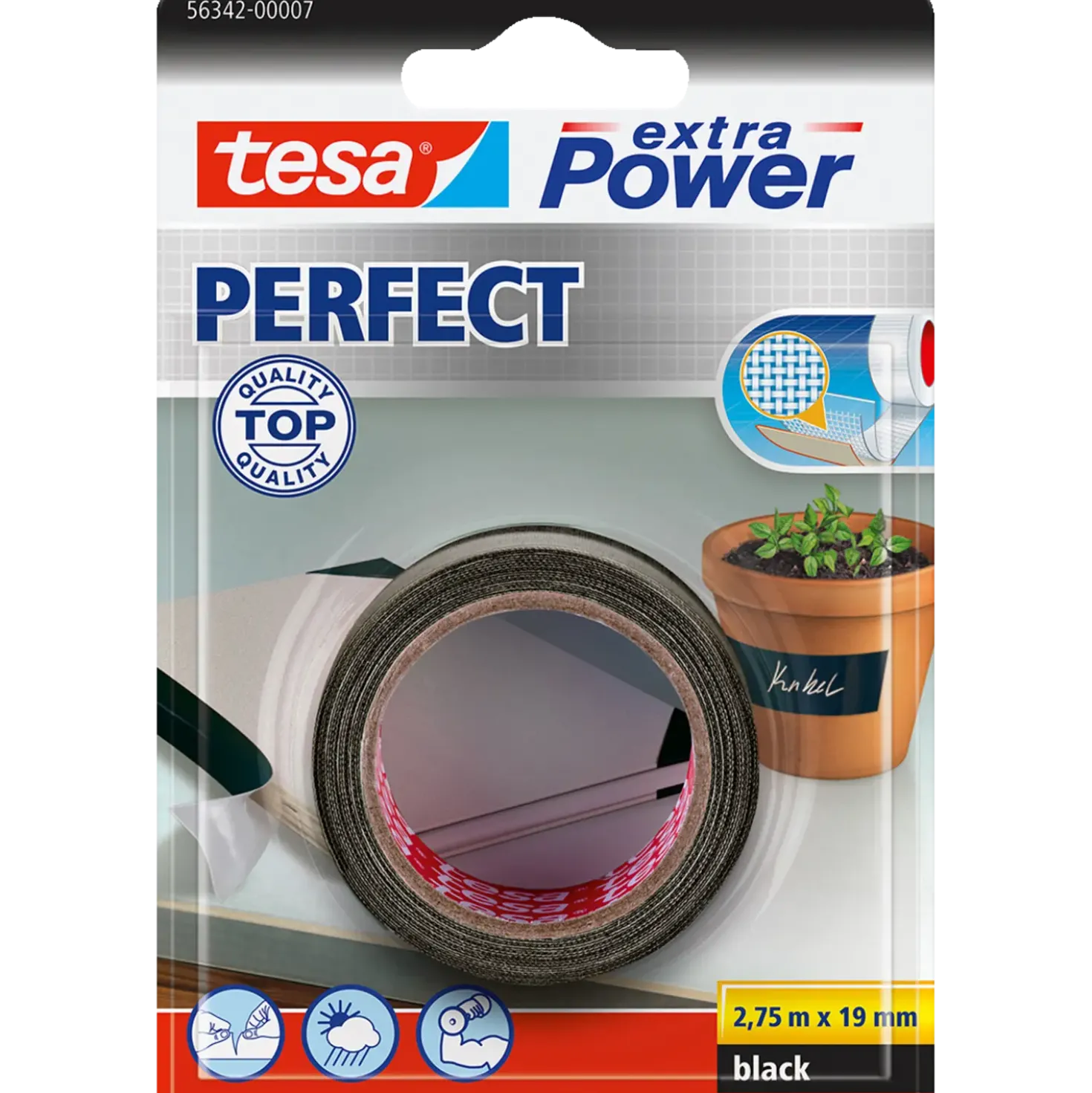Tesa® extra Power Perfect, sort 2,75 m x 19 mm