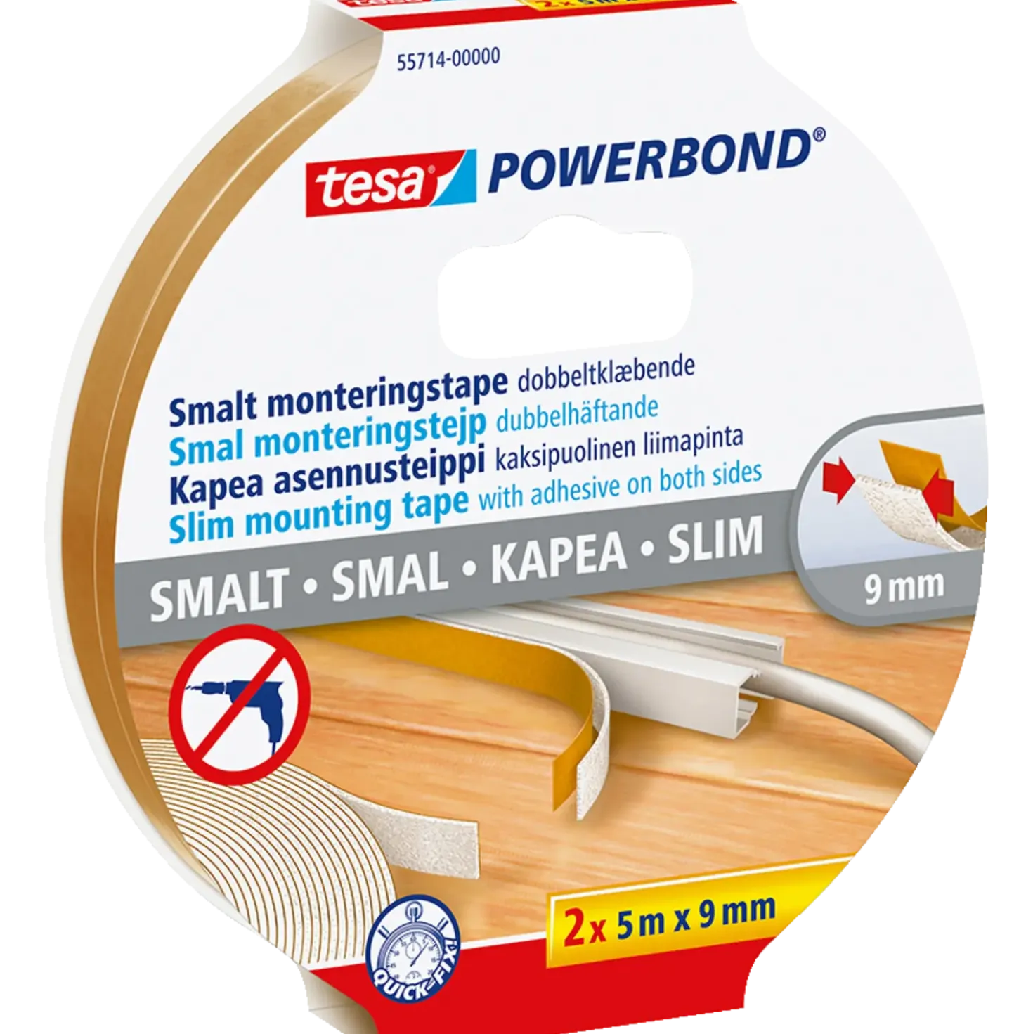 Tesa® Powerbond Slim dobbeltklæbende monteringstape indoor 5 m x 9 mm